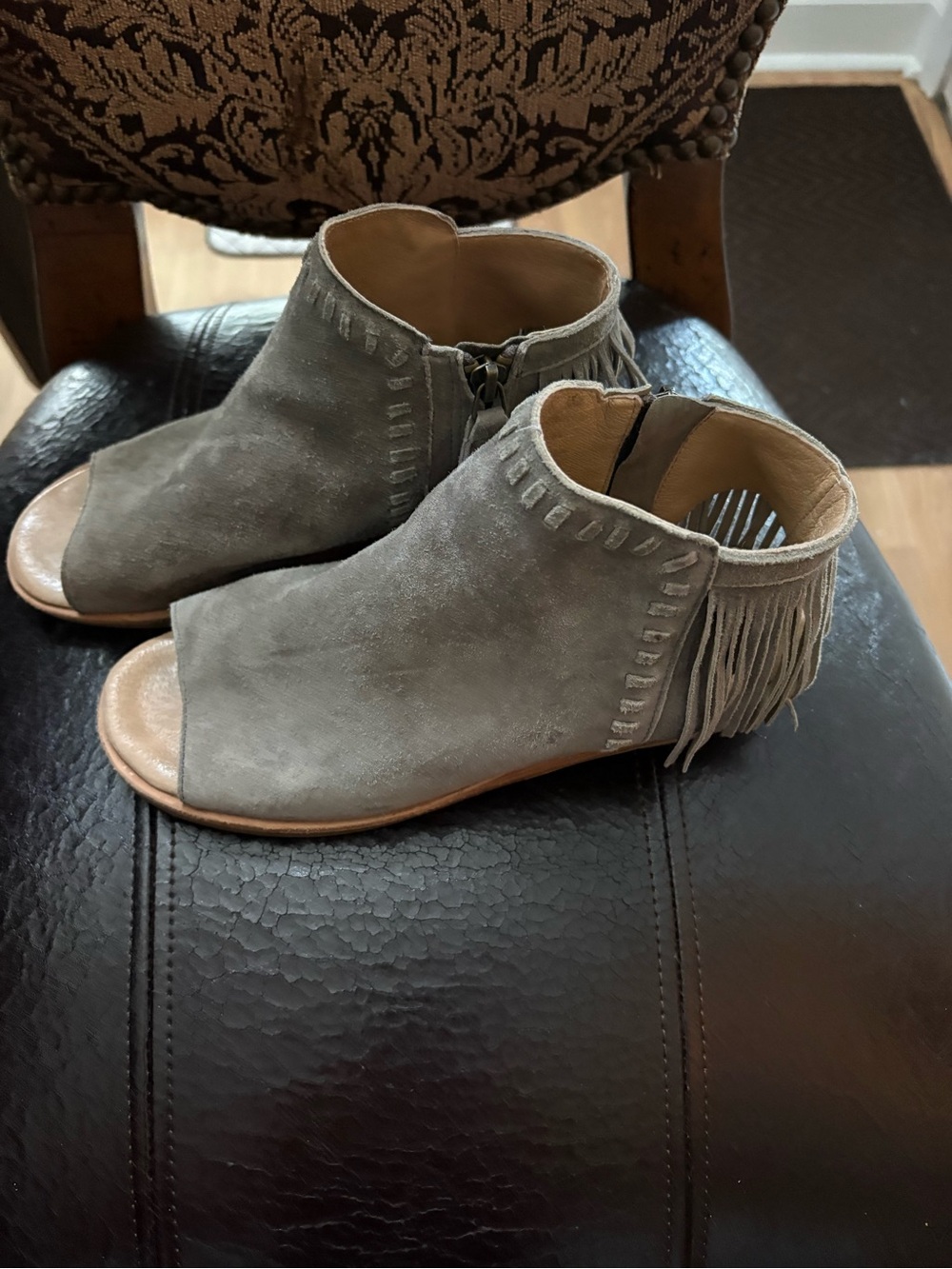Fringe Suede Peep-Toe Ankle Booties in Gray